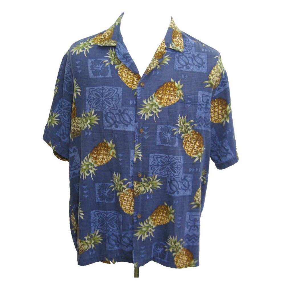 Winnie Fashion Vintage Hawaiian Shirt Mens XL Blue Short Sleeve Cotton Pineapple